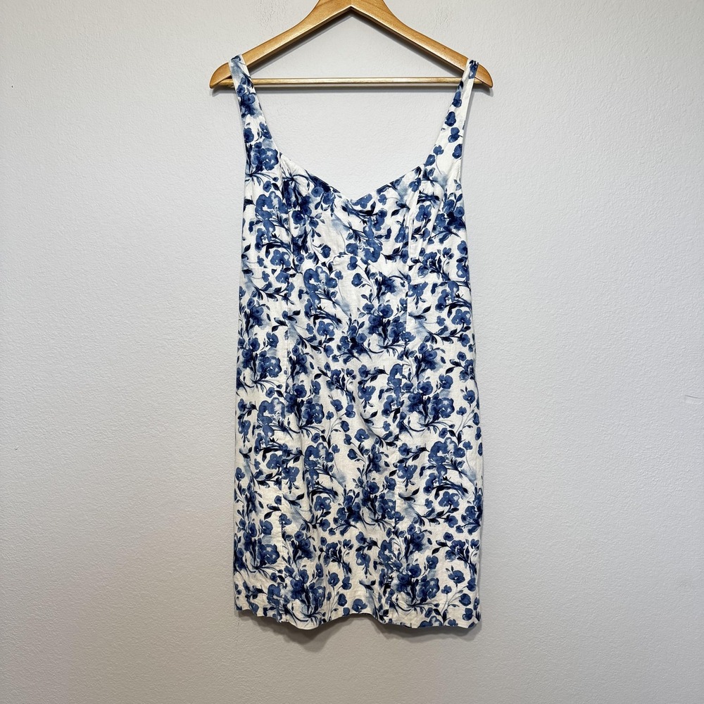 Abercrombie & Fitch Dress Womens XL Tall Blue White Floral Linen Cotton Lined